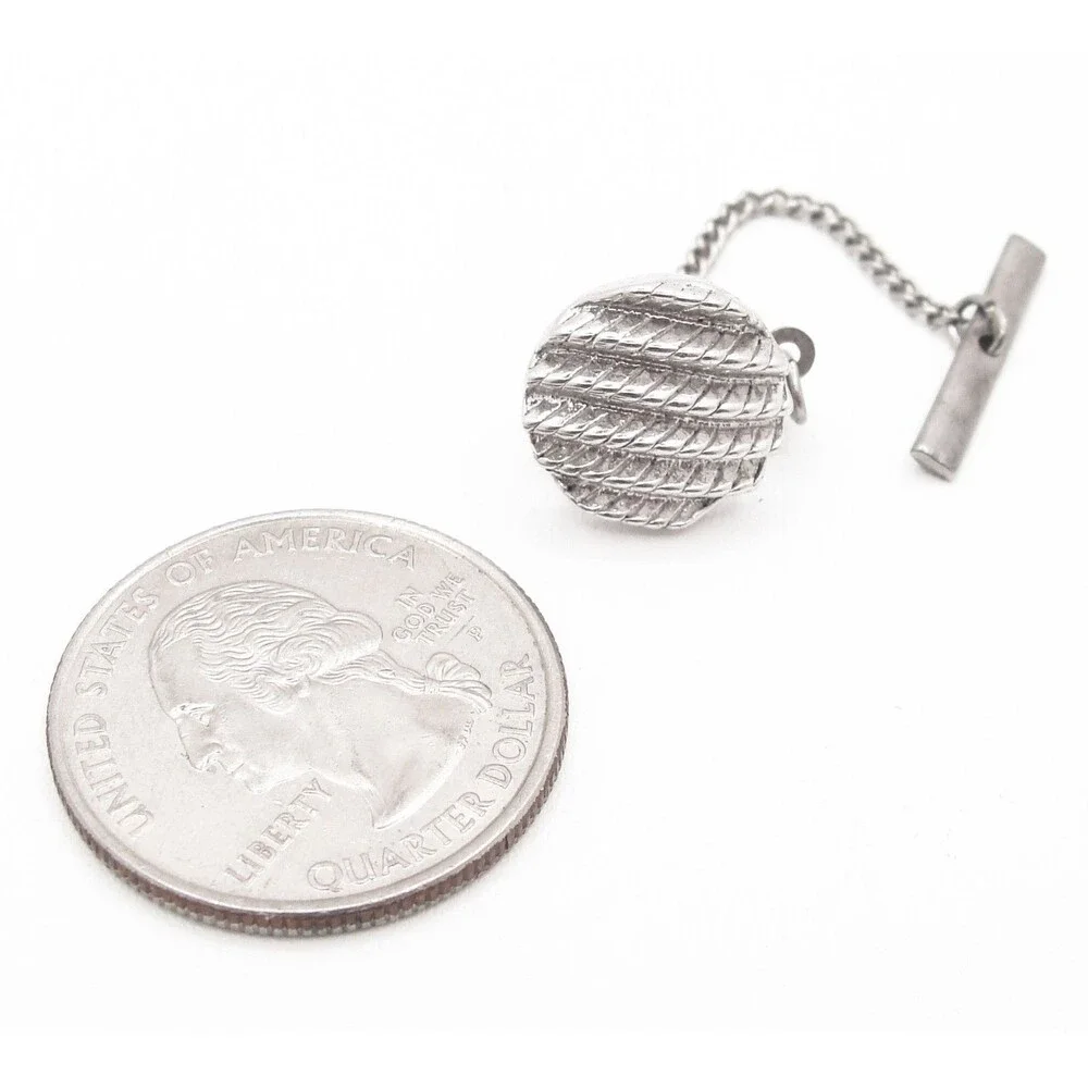Vintage Silver Tone Round Textured Ribbed Cable Rope Dome Tie Tack Chain T-Bar